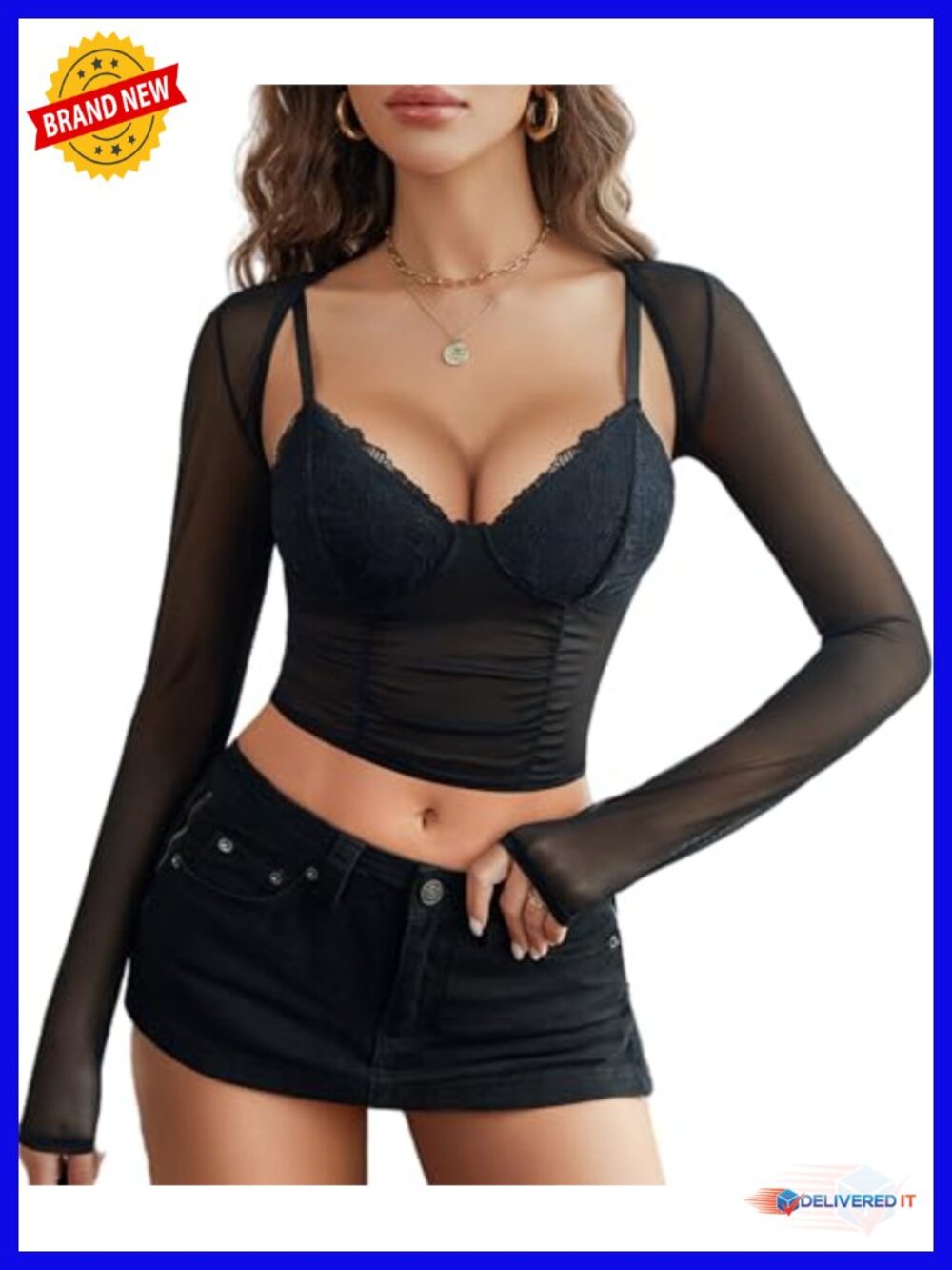 Mesh Crop Top with Shrug Sheer Sexy Low Cut Rave Going Out 2 Piece Set Clubwear